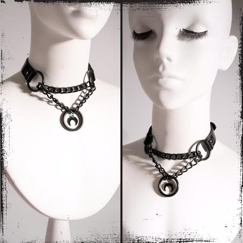 Black Gothic Chain Choker with O-ring and Moon Pendant, Punk Grunge Emo Leather Necklace For Women
