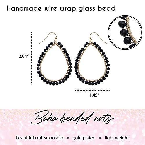Bohemian Boho Teardrop Dangle Drop Earrings for Women – Delicate - Handcrafted Wire Wrapped Colorful Faceted Glass Beads – Gold Plated – with Gift Box Included - color: Jet Black