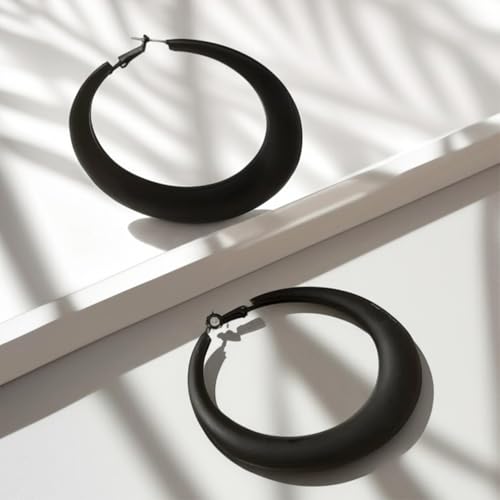 Chunky Gold Large Hoop Earrings for Women, Dainty 14K Gold Big Circle Round Statement Earrings Silver Trendy Thick Hoops Ear Jewelry for Anniversary - color: Black 1.96in