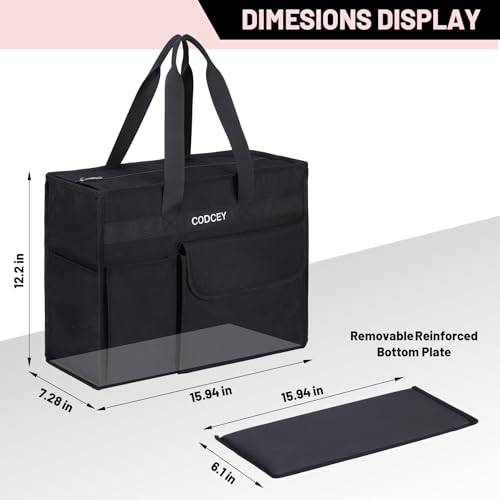 Large Utility Tote Bag with Reinforced Bottom, Waterproof Multi Pockets Beach Tote Bag for Travel, Work, School - color: Black