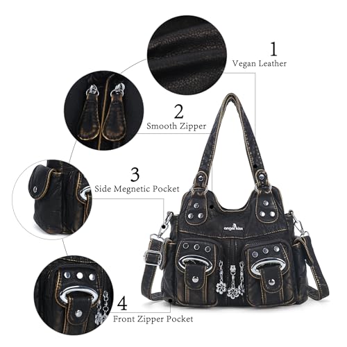 Angel Kiss Small Hobo Purses for Women, Washed Vegan Leather Multi-Pocket Purse, Shoulder Handbag with Adjustable Strap - color: Bronze