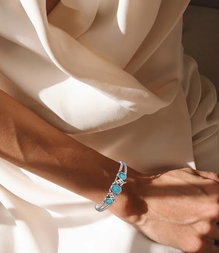 Genuine Turquoise Bracelet Cuff Bracelet for Women Mom 925 Sterling Silver Natural Turquoise Bangles Vintage Bracelet Boho Jewelry for Birthday Christmas Mother's Day Valentine's Day - style: Feather