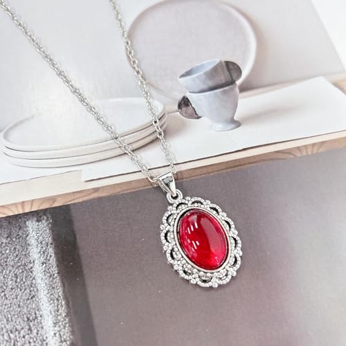 Vintage Oval Red Gemstone Pendant Antique Necklace for Women Goth Y2k Choker Punk Victorian Gothic Statement Crystal Cameo Oxidized Pewter Frame Charm Retro Clavicle Chain Halloween Party Jewelry 20'' - color: Red