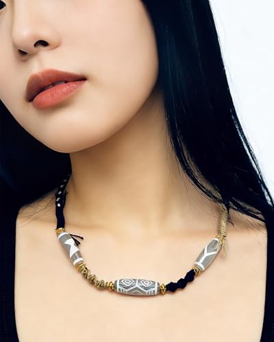 Handmade Agate Necklace with Cultural Patterns, 3 Natural Agate Stones Braided Necklace for Men Women, Good Luck Amulet Jewelry