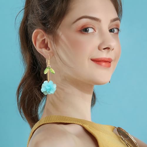 Resin Flower Cluster Ball Dangle Drop Earrings for Women Spring Summer Bohemian Floral Petal with Green Leaf Earrings Vacation Party Jewelry - color: Light Blue