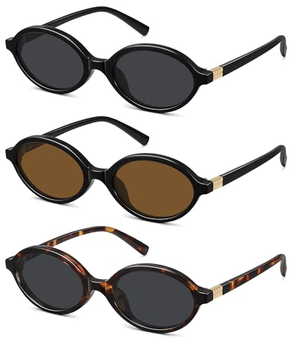 WOWSUN Retro Oval Sunglasses Womens Trendy Sun Glasses Sunnies UV400 Protection - color: 3 Pack: Black+tortoise Frame Grey Lens+black Frame Brown Lens