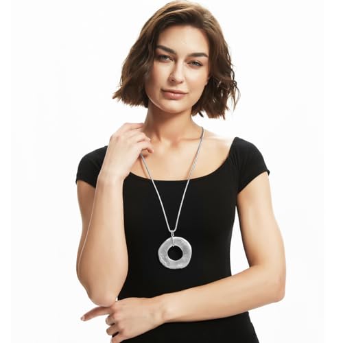 Large Water-Drop Oval Pendant Long Necklace, Long Sweater Chain Y-Necklace for Women (Silver)