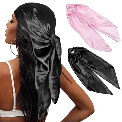 Head Scarf for Women Hair - 2 Pack 35" Square Satin Scarf, Silk Hair Scarf for Women Head Wrap for Sleeping - color: Black & Pink
