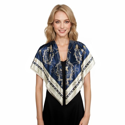 RIIQIICHY Head Scarf for Women Like Silk Scarf Hair Scarf Printed Square Scarf Bandanas for Women 35 Inches - color: Navy/Beige