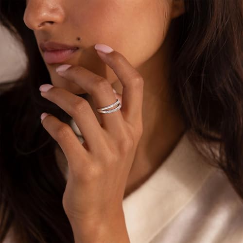 FISSEN JEWELRY Gold Rings for Women, Non Tarnish Dainty 14k Gold Plated Silver CZ Cross Ring Cute Cubic Zirconia Pinky Thumb Stackable Band Silver Finger Rings Size 6-10 Jewelry for Her - color: Silver Diamond Parallel
