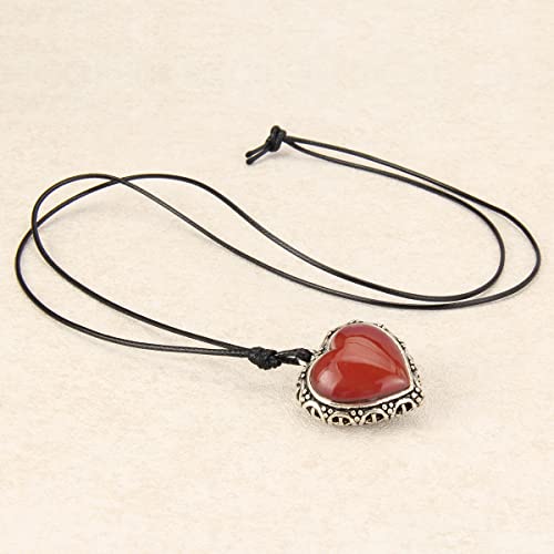 Bohemian Women's Leather Long Pendant Necklace Sweater necklace Adjustable Retro Woven Handmade Jewelry - color: Red heart-shaped