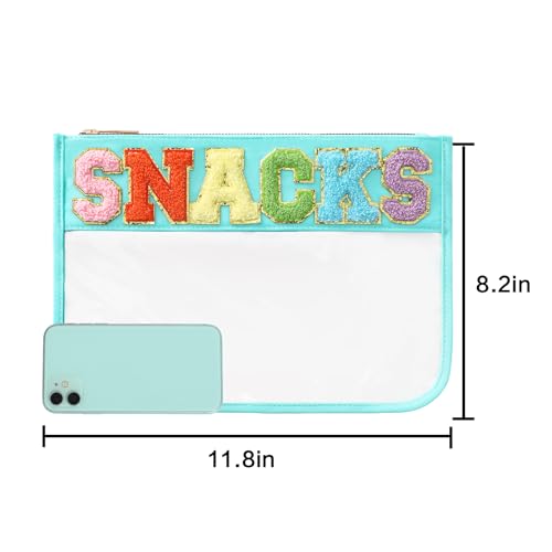 DYSHAYEN Chenille Letter Clear Zipper Pouch for Travel,Nylon Clear Cosmetic Bag,Makeup Travel Bag for Women Girls 11.8 Inches x 8.2 Inches - color: Green-Snacks