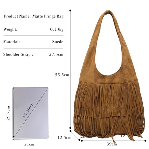 CORIOS Women Suede Handbag Vintage Fringe Hobo Bag Shoulder Bag with Tassel Hippie Western Purse Large Tote Bag - color: Brown