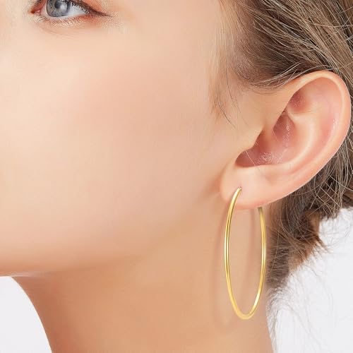 Gold Hoop Earrings for Women, 14K Gold Earrings for Women, Dainty Gold Vermeil Endless Thin Hoops, 14K Gold Plated 925 Sterling Silver, 35/45/55mm - size: 55mm