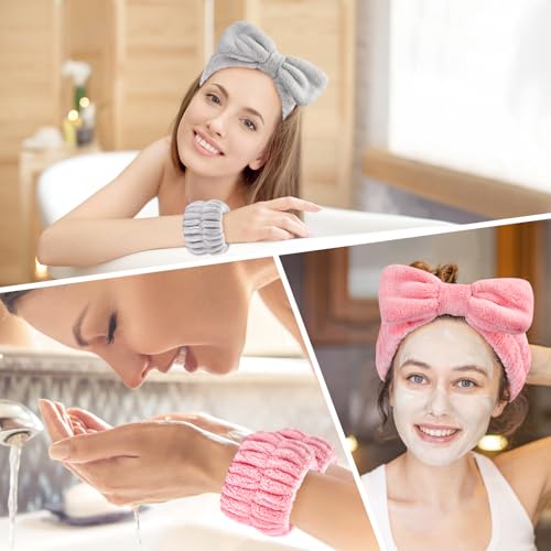 Dorbetar 6Pack Headband and Wristband Set for Washing Face, Spa Skincare Makeup Headband, Soft Puffy Hair Band Bow Tie, for Women and Teen Girl Trendy Stuff Gifts - color: light gray+Bean Pink