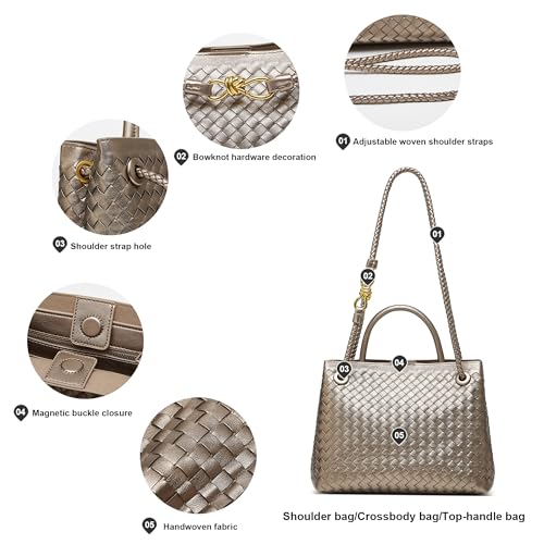 Woven Tote Bag Womens Purse: Vegan Leather Shoulder Handbags - Fashion Summer Beach Tote Bags - Large Travel Totes - color: A7 Medium Light Copper and Silver