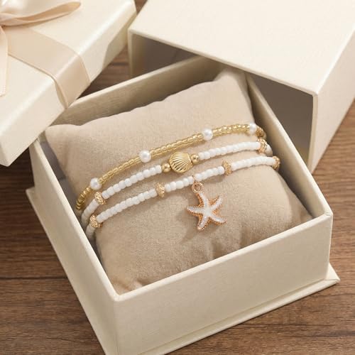 Boho Beads Beach Layered Anklet Set for Women, Handmade Gold Starfish Pearl Shell Anklets Summer Ocean Accessories Jewelry Gift - color: Gold Starfish Shell
