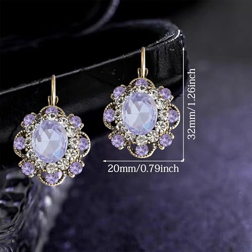 Handmade Bohemian Vintage Gold Sparkly Crystal Round Flower Leverback Earrings Cute Rhinestone Geometry Dangle Drop Earring for Women - color: Light Purple