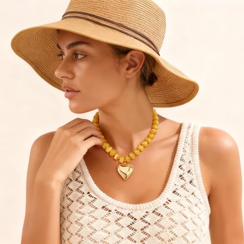 WOWORAMA Chunky Heart Necklaces for Women Colorful Resin Beaded Choker Necklace Gold Puffy Heart Statement Necklace Trendy Acrylic Choker Jewelry - color: Yellow