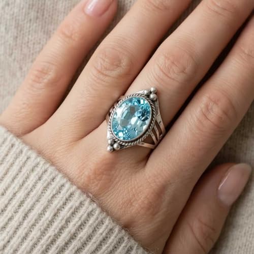 Handmade 925 Sterling Silver Plated Ring Natural Gemstone Carnelian, Rose Quartz, Tiger Eye, Crystal Oval Boho Jewelry For Women - color: Blue Quartz