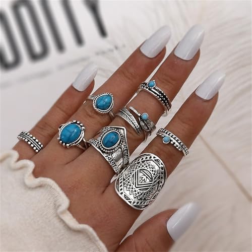 Bohemian Turquoise Ring Set for Women,Vintage Gem Turquoise Opal Joint Knuckle Stackable Rings Chunky Boho Midi Ring Pack Punk Western Ring Mixed Size - style: Style F