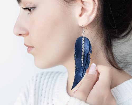 Black shiny Leather Feather Earrings for Women, Lightweight Minimal Boho Dangle Earrings, Small Simple Everyday Jewelry - color: Dark blue shiny
