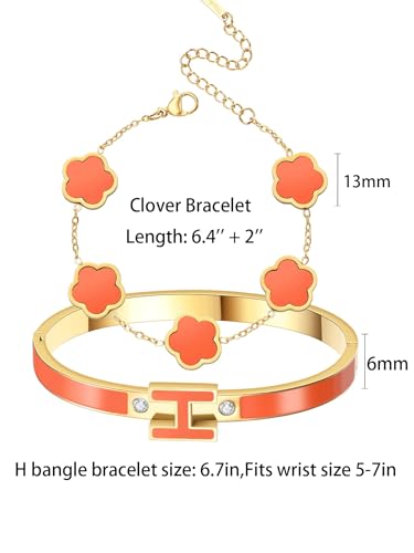 H Bangle & Clover Bracelet for Women - Stainless Steel Fashion Jewelry - 18K Gold Plated H Bangle and Lucky Five Leaf Clover Bracelet - Elegant Bracelets Set - Gift for Women - color: Gold-Orange Set