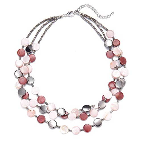 Noessla Layered Beaded Chunky Necklace for Women Boho Two-color Shell Statement Necklace Fashion Collar Costume Jewelry Gifts for Mum - color: Pink