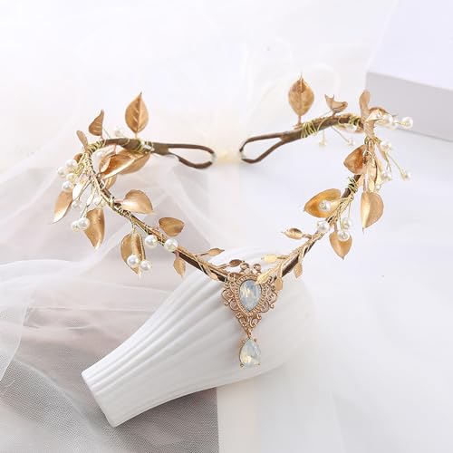 Vivivalue Golden Fairy Crown Flower Headband Elf Floral Headpiece Hair Wreath Woodland Forest Even Circlet for Women Halloween Renaissance Wedding Bridal Cosplay Prom Photo - color: golden