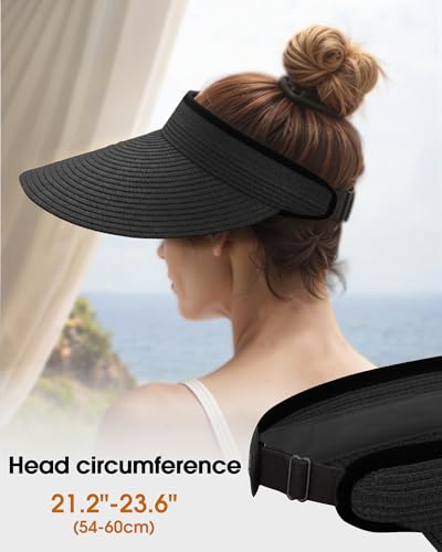 Senker Fashion Sun Hats Visor for Women, Straw Beach Hat Adjustable Wide Brim Ponytail Packable for Summer Travel UPF 50+ - color: Black