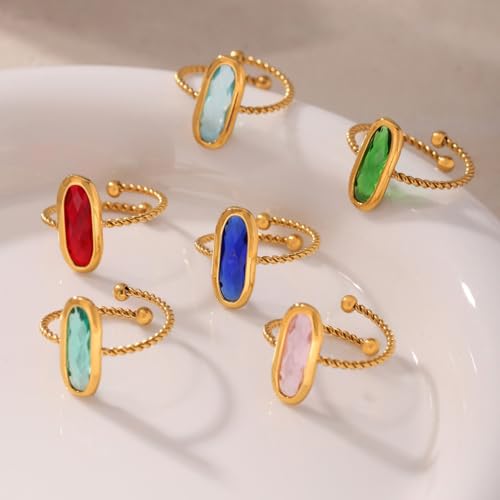 18K Gold Plated Adjustable Twisted Rings for Women Non Tarnish Oval Czech Glass Stone Stainless Steel Statement Rings Open Gemstone Boho Stackable Band Jewelry - color: Light Green
