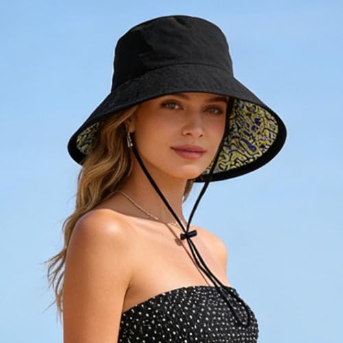 Women's Summer Sun Hat - Reversible Design with Striped Lining Adjustable Brim for Travel and Outings Cap - color: Printed-black