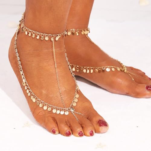 2PCS Gold Barefoot Sandals for Women Sequins Foot Chains Boho Beaded Anklets Layered Tassel Barefoot Sandals Jewelry - style: Sequins-A