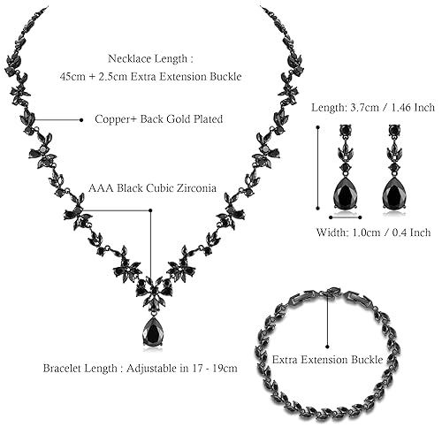Jewelry Set for Women, Necklace Dangle Earrings Bracelet Set with White AAA Cubic Zirconia, Allergy Free Wedding Party Jewelry for Bridal Bridesmaid - color: Necklace+Braclelet+Earrings-Black
