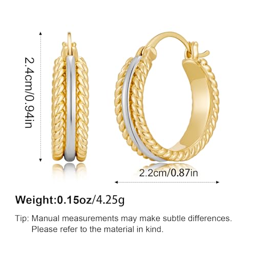 Chunky Gold Hoop Earrings for Women - 14k Gold Plated Twisted Rope Thick Hoops, Lightweight Hypoallergenic Small Hoop Earrings, Trendy Fashion Jewelry Gifts - color: two tone