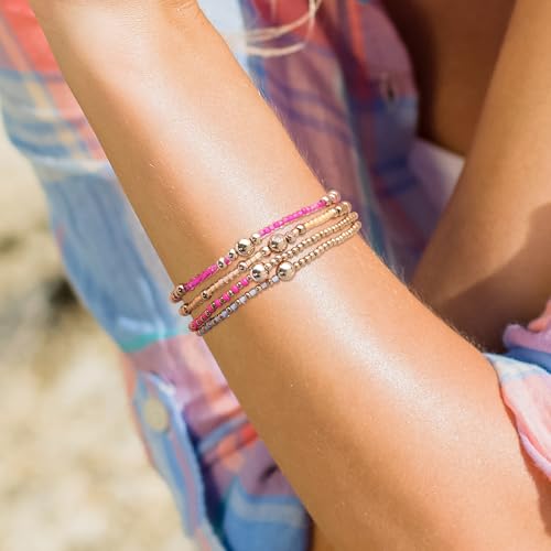 Gold Beaded Stackable Friendship Bracelets Set for Women, Handmade Boho Stretch Summer Jewelry Gift. - color: gold pink fuchsia white yellow