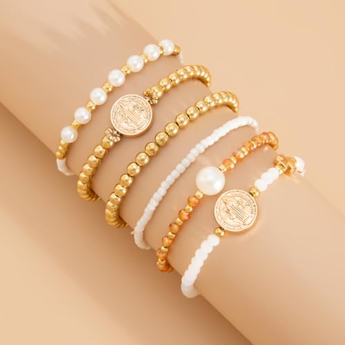 VIBILIA Gold Beaded Bracelets Set for Women 14K Gold Plated Dainty Pearl Cross Bracelet Stack Stretch Bracelet Set Fashion Accessories Gifts - color: 6P-6146K1-White