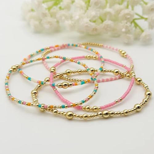 14K Gold Plated Beaded Bracelets Stack Set for Women,Stretch Boho Colorful Beads Ball Jewelry Friendship Summer Trendy - color: Gold pink