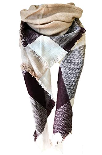 Wander Agio Womens Warm Long Shawl Winter Wraps Large Scarves Knit Cashmere Feel Plaid Triangle Scarf - color: Big Beige Khaki 22