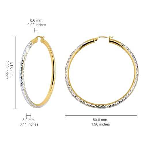 Hoops & Loops 925 Sterling Silver Diamond-Cut Round Hoop Textured 3mm Click-Top Earrings for Women, Slver, Two-Tone 14K Yellow Gold Flash Plate 15/20/25/30/35/40/45/50mm Hoops - color: Two-Tone Gold & Silver, size: 50mm (2'')