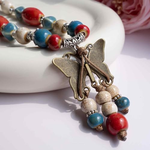Boho Colorful Ceramic Bead Necklace for Women, Butterfly Pendant Necklace, Handmade Bohemian Statement Jewelry Gifts for Mom - color: Red and Blue