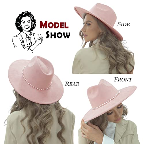 FLUFFY SENSE. Big Wide Brim Fedora Hat for Women - Nashville Outfits Western Hats Women's Felt Panama Rancher Hat - color: Rose Pink
