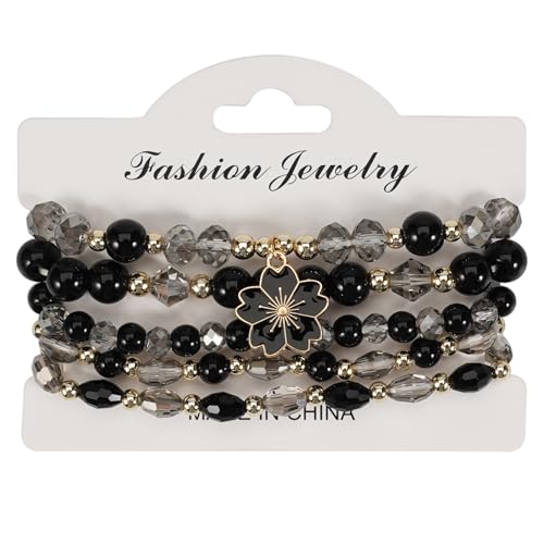 LOTSOF Boho Flower Beaded Bracelet Set for Women - Multilayer Crystal & Flower Charm Stackable Bracelets, Fashion Jewelry Gift for Her - color: Black