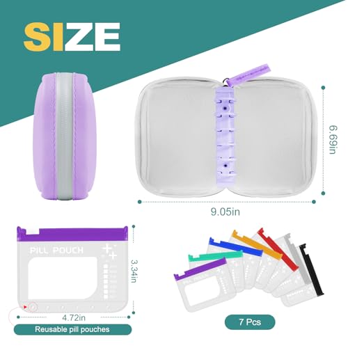 Timueetech A7 Waterproof Pill Organizer with 7 PCS L Size Zippered Pill Pouches for A7 Binder, Large BPA-Free Weekly Medicine Organizer, Color-Coded Reusable Travel Pill Storage System - color: Purple