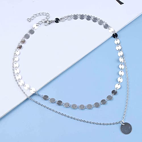 Boho Layered Sequin Coin Silver Choker Necklace Chain Vintage Disc Pendant Necklace Tiny Sequin Choker Layered Rock Statement Sequin Necklace Jewelry for Women
