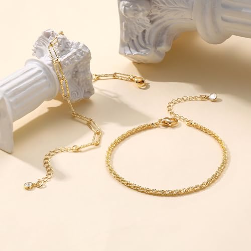 Freekiss Sterling Silver Ankle Bracelets for Women: Dainty Layered Waterproof Anklet for Women Adjustable Womens Anklet Set Stackable Figaro Beaded Cuban Link Anklets Beach Jewelry for Women - color: 2 Layered Anklet Paperclip-GD