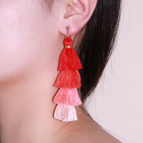 Clip on Earrings, Lightweight Colorful Layered Tassel Bohemian Statement Tiered Big Dangle Drop Earrings for Women, Non Pierced, Boho Jewelry - color: Dark Red