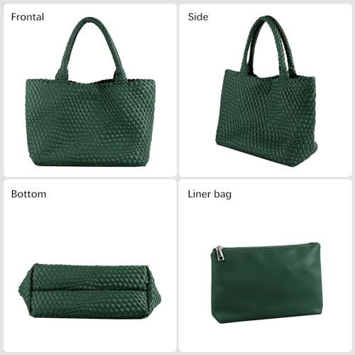 Woven Tote Bag Womens Purse Vegan Leather Shoulder Handbags Fashion Summer Beach Tote Bags Large Travel Totes - color: Blackish Green