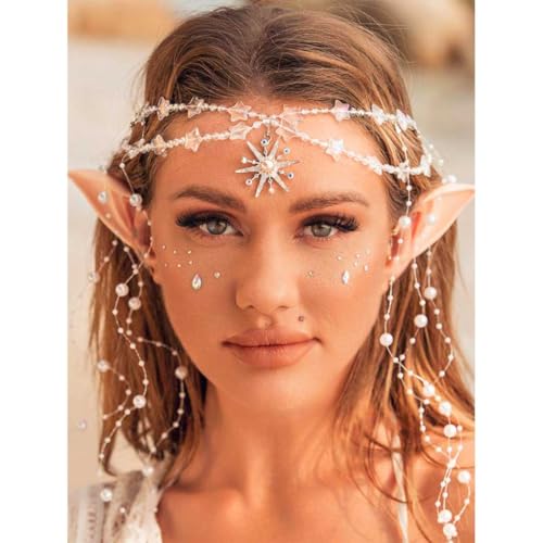 Aukmla Star Boho Head Chain Pearl Tassel Fairy Headpiece for Women | Silver Hair Chains Jewelry Halloween Costume headdress Festival Headband Hair Accessories with Elf Ears