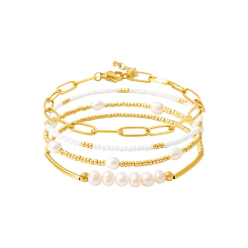 Dainty Gold Plated Pearl Crystal Beaded Bracelets Set for Women 14K Gold Plated Bead Pearl Beads Bracelet Stackable Paperclip Link Chain Bracelets Gold Plated Bracelets for Women Trendy Jewelry - color: Style3-pearl gold bead set